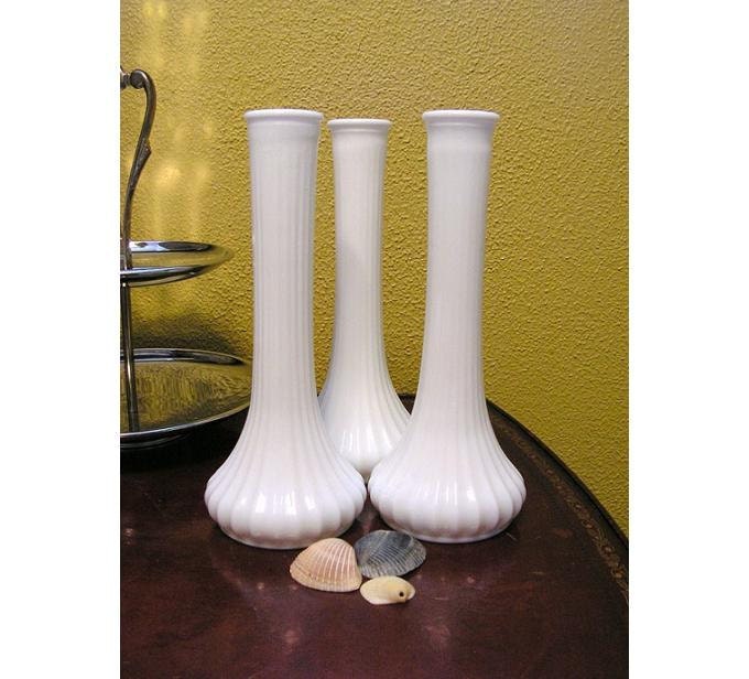 Trio of Vintage White Vases, milk glass, ribbed, tall, Hoosier Glass