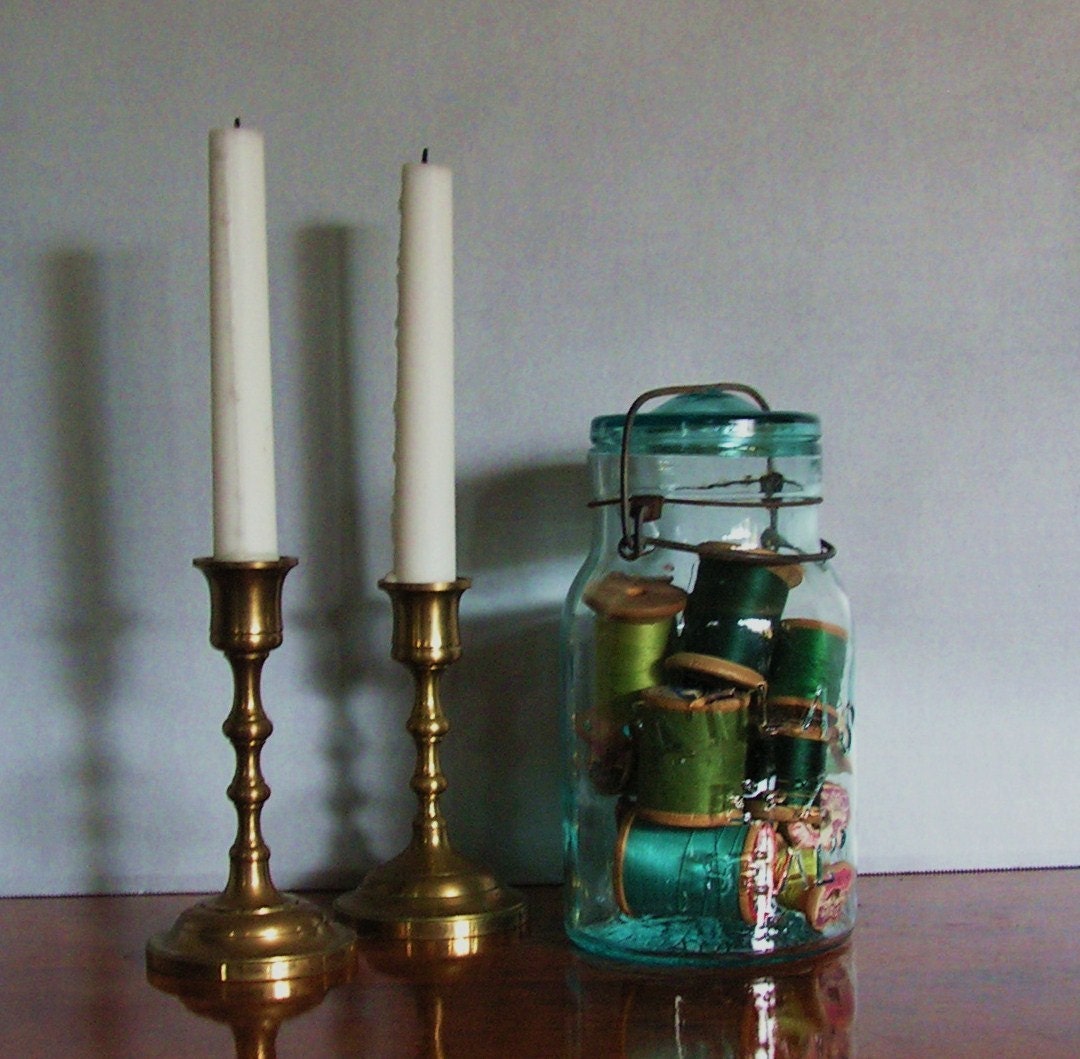 Vintage Glass Jar full of Wooden Spools, blue glass, blue and green thread