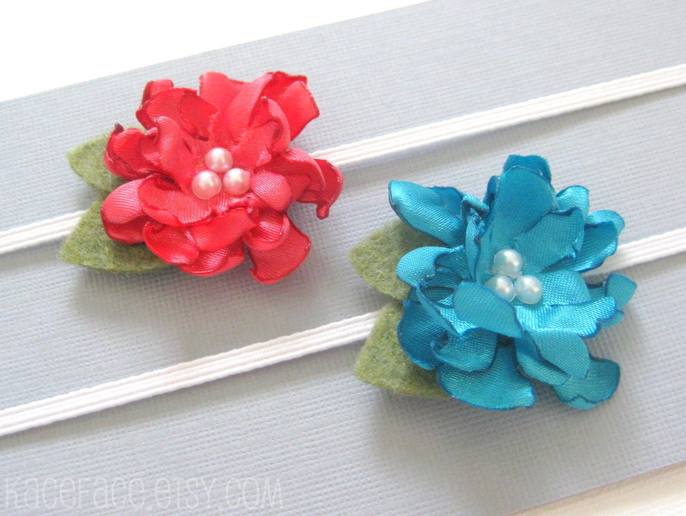 Newborn Baby Headband Set - turquoise / coral satin flowers