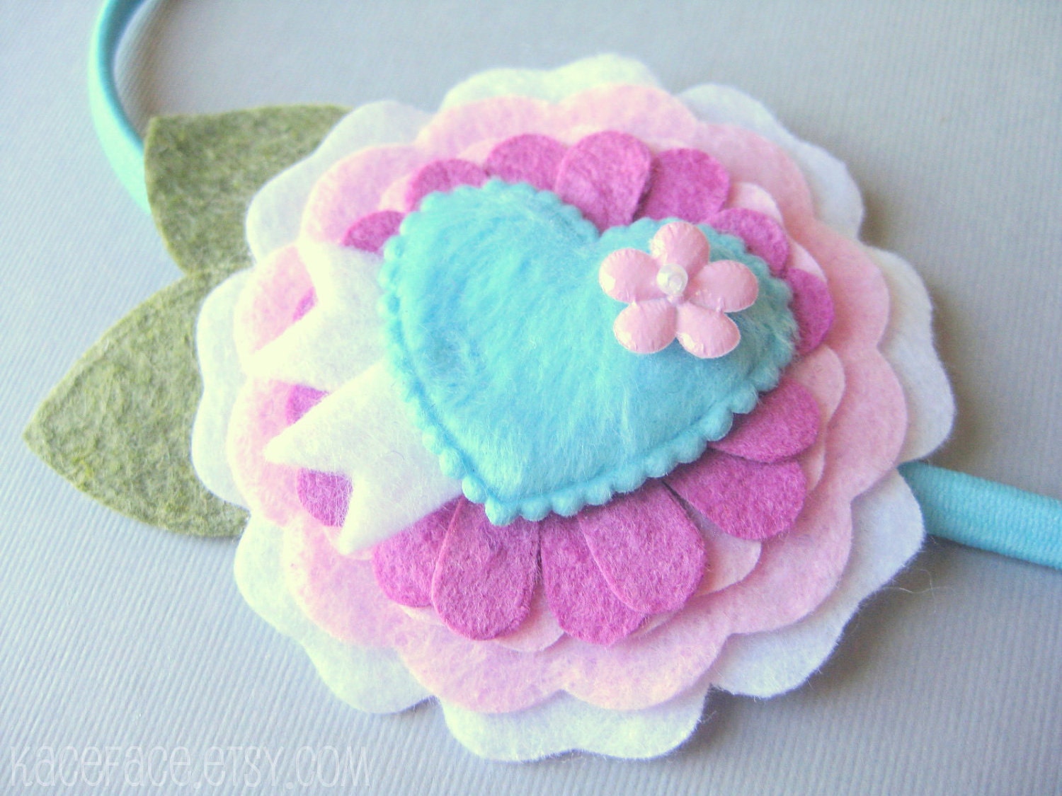 Raspberry Aqua Flower Headband with Heart - one size fits all