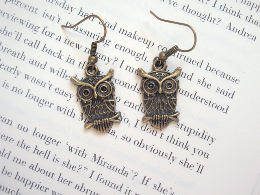 Owl Earrings - Antiqued Gold - Small