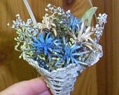 Wood Carved Flowers in Hand Crocheted Hanging (beige) Vase