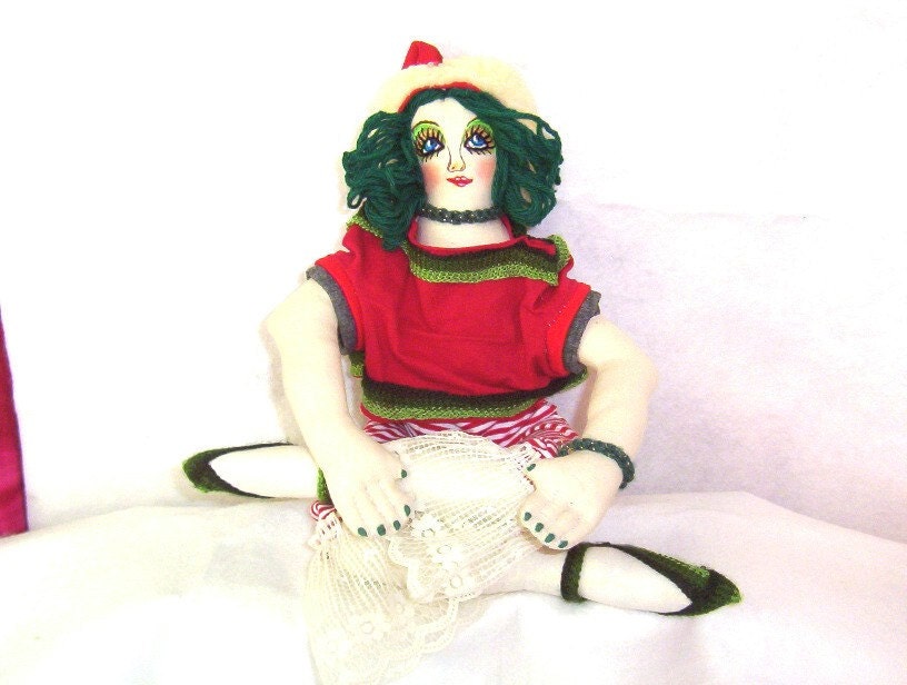 Cloth Art Doll, OOAK, Hand Embroidered, Holly Berry Fairy, Whimsical, Fantasy, Winter, Repurpose Recycle Reuse