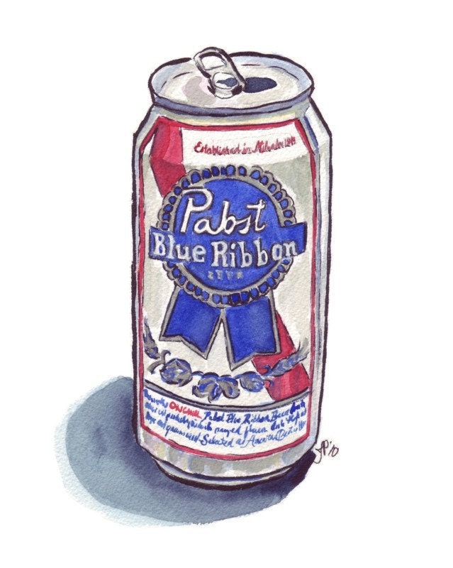 Watercolor Painting - Still Life - Pabst Blue Ribbon Beer Watercolor Art Print, 8x10