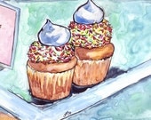 Cupcake Painting - Bakery Watercolor Art Illustration, Cupcakes with Sprinkles Print, 11x14 Kitchen Art