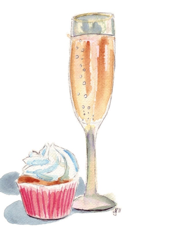 8x10 Print of Watercolor Painting - Still Life - Champagne and Cupcake Watercolor Art Print, 8x10