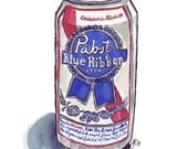 PBR Beer Watercolor Painting - Still Life - Pabst Blue Ribbon Beer Watercolor Art Print, 5x7