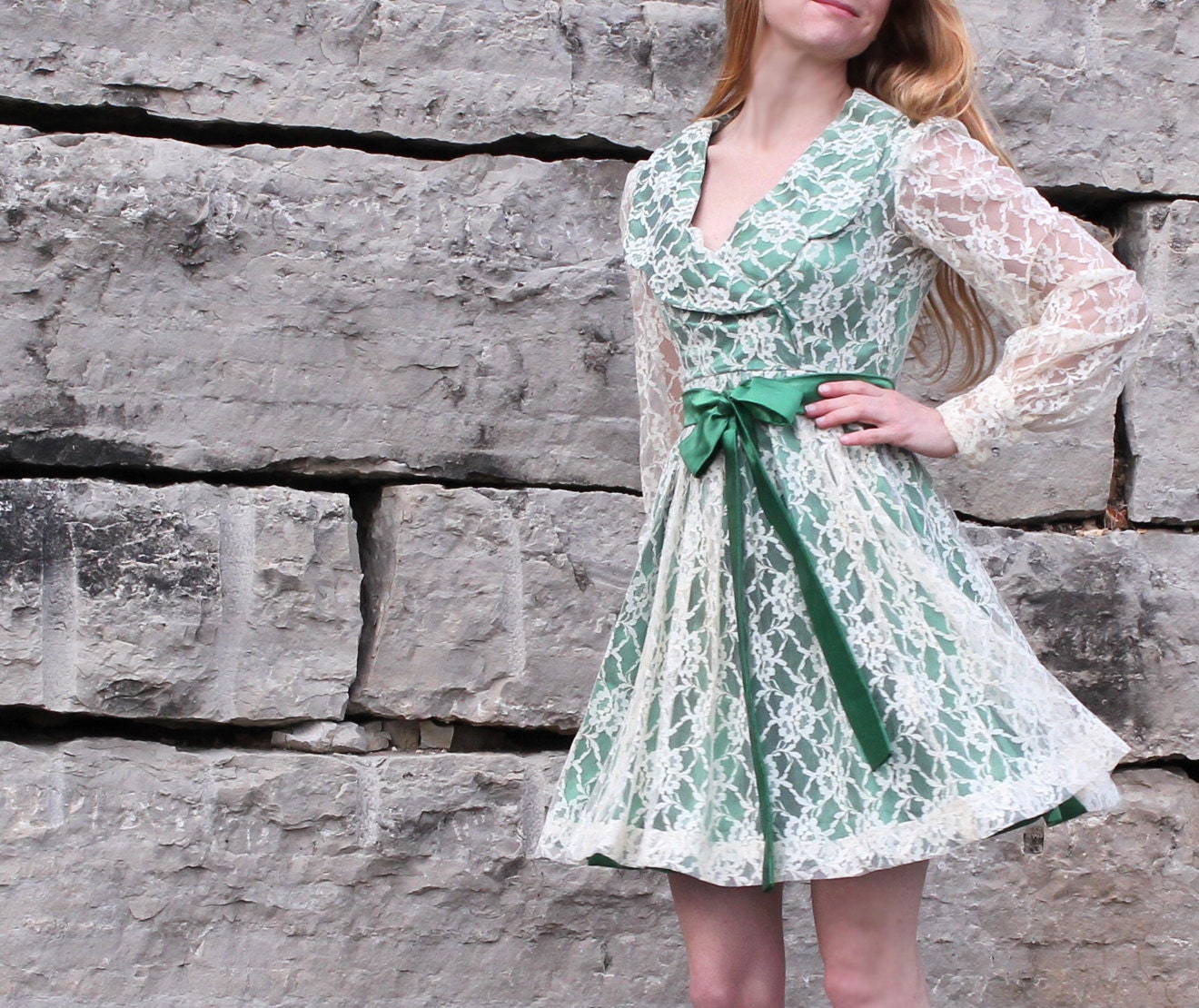 Vintage 1960s Mini Dress in Green Satin and Cream Lace with Bow Tie Small to Extra Small XS