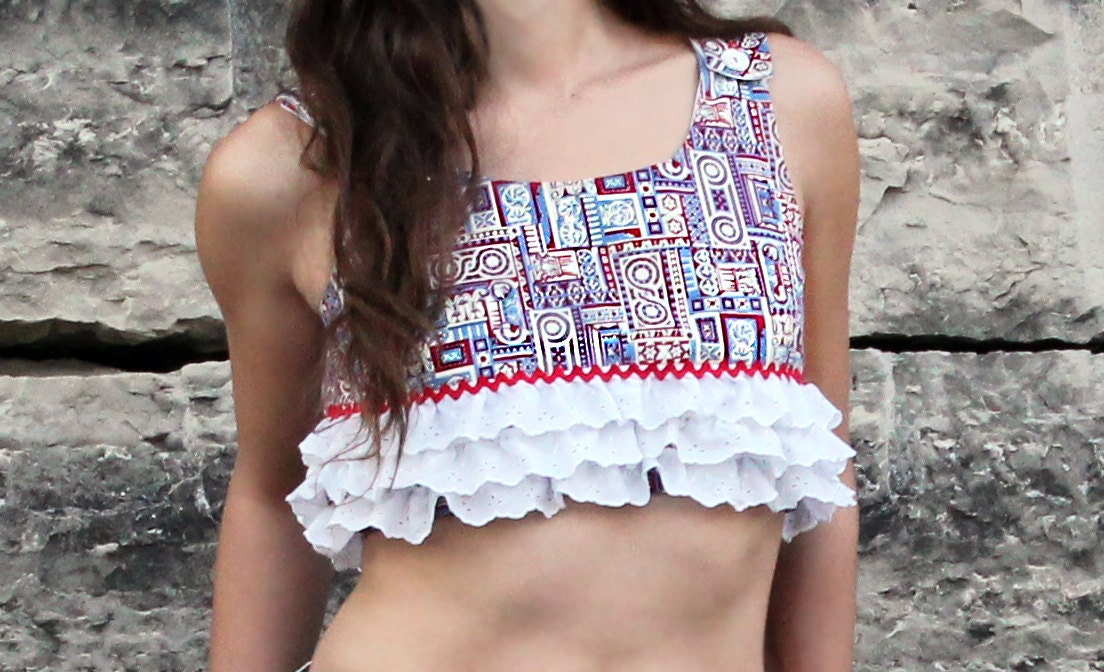 60s CROP TOP S M Ruffled Cotton - Tribal Print