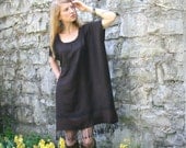 Silk & Cashmere Gypsy Kaftan Dress with Fringe Boho Style One Size