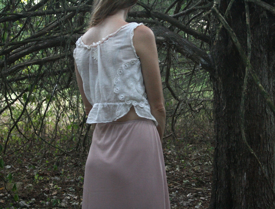 Vintage Victorian Chemise Tank Top in Lace & White Cotton Upcycled Eco Small Medium