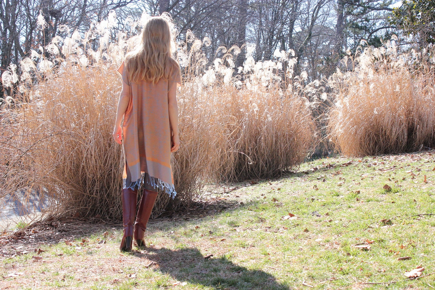Soft Silk & Cashmere Boho Gypsy Kaftan Dress with Fringe Golden Natural One Size Fits All