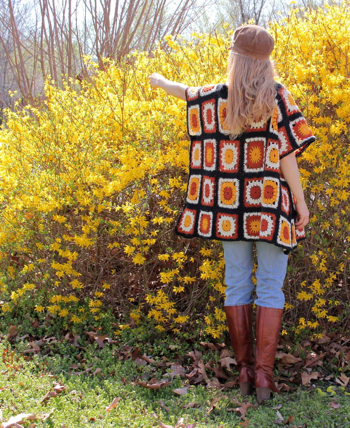 Crocheted Hippie Poncho with Granny Squares in Earth Tones Eco Upcycled Vintage Accessory