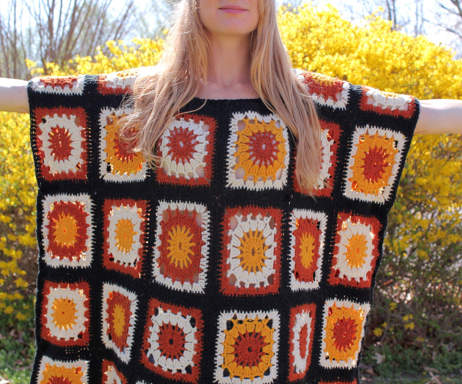 Crocheted Hippie Poncho with Granny Squares in Earth Tones Eco Upcycled Vintage Accessory