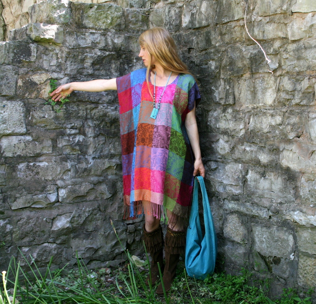 Silk & Cashmere Gypsy PATCHWORK Kaftan Dress with Fringe Boho Style One Size