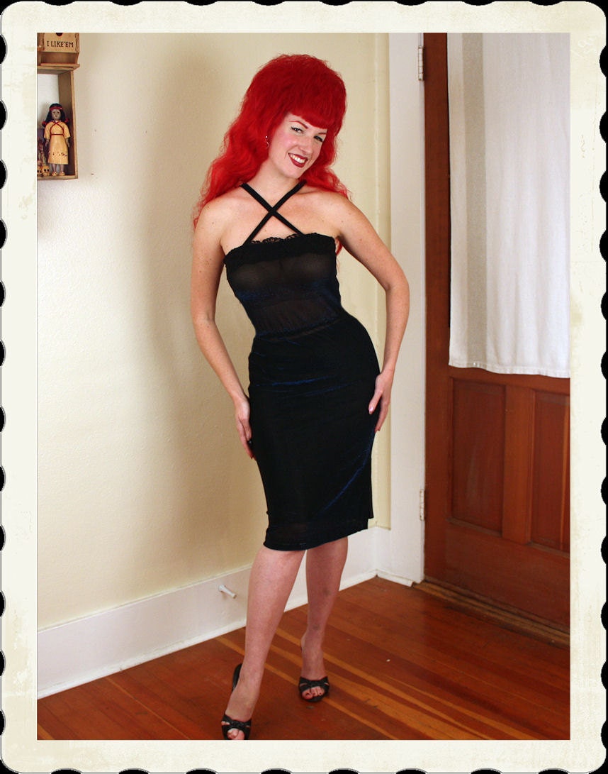 SEX BOMB 1950's 1960's Sparkly Sapphire Blue Lurex on Black Hourglass Sheer Cocktail Dress w/ 3 Way Straps - VLV - Bombshell Pinup - Size M