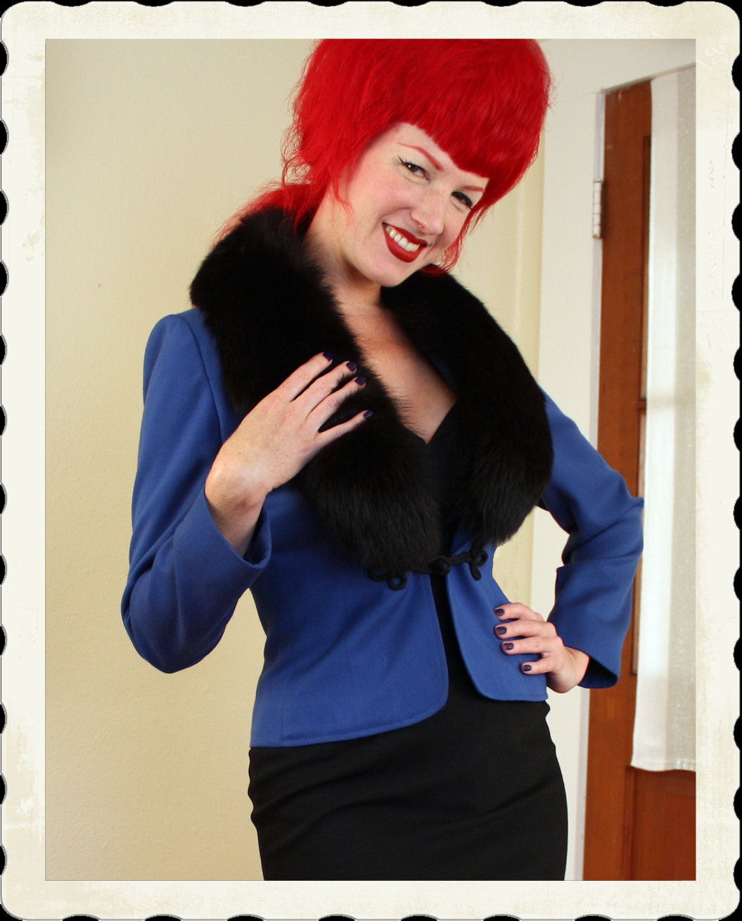 KILLER Late 1950's Royal Blue Wool Gabardine Hourglass Cocktail Jacket w/ Luxurious Black Fox Fur Shawl Collar - Lilli Ann - Size M to L