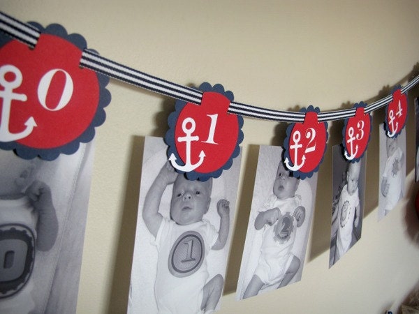 Sailing Boy Collection: Just Born/0-12 mos nautical first birthday photo banner. Nautical Birthday. Picture Banner. Navy and Red. Il_170x135