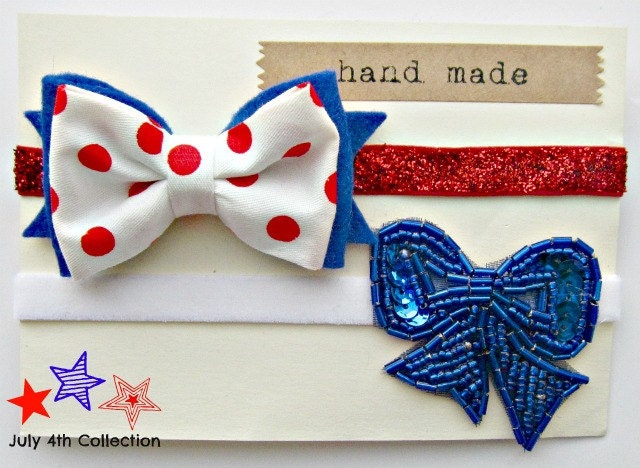 July 4th Headband Set - Baby Bows with vintage fabric, Patriotic