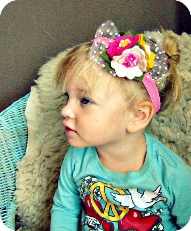 Bright Felt Flowers Headband with vintage millinery flowers, wool felt