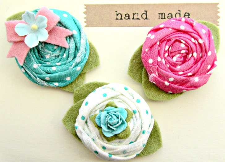 Flower Hair Clips- Spring Rosette Hair Clips with felt leaves