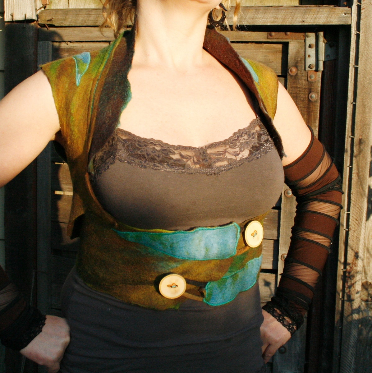 Nuno - felted wool vest - peacock feather - elven clothing - merino wool - MADE TO ORDER