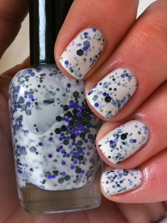 Nail polish - "Its Complicated" black and purple glitter in a white base