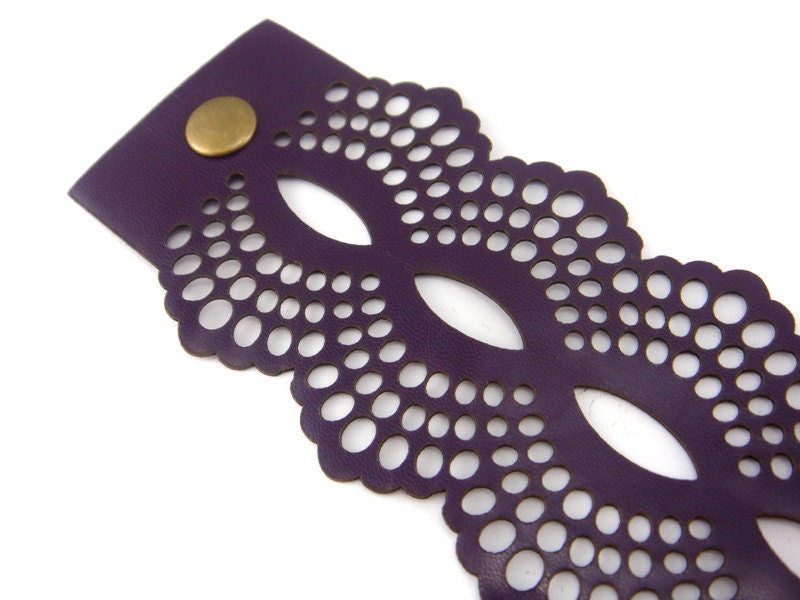 Dark purple / plum leather cuff bracelet - laser cut lace design