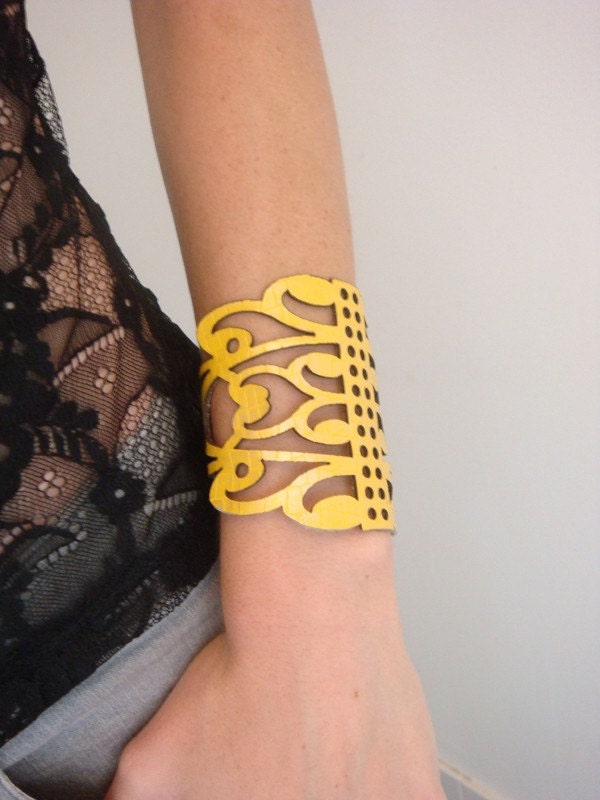 Yellow leather cuff bracelet, laser cut filigree design