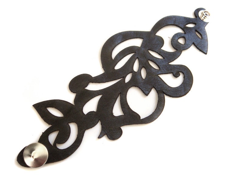 Black leather cuff bracelet - laser cut swirl design