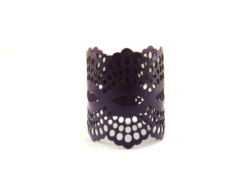 Dark purple / plum leather cuff bracelet - laser cut lace design