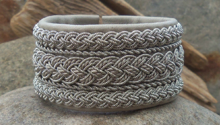 Wide Swedish Lapland Sami Jewelry Bracelet, Pale Grey Leather Pewter Wire Silk Embroidery Braids