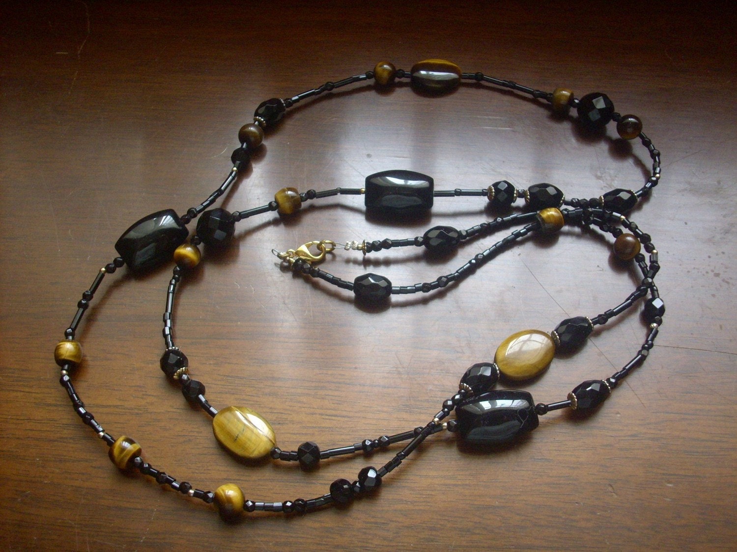 Tiger Eye, Black Jet Bead Necklace and Earring Set Handmade Original