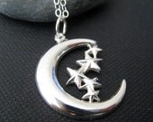 Moon and stars necklace, sterling silver fine chain, luna, crescent moon, everyday silver jewelry