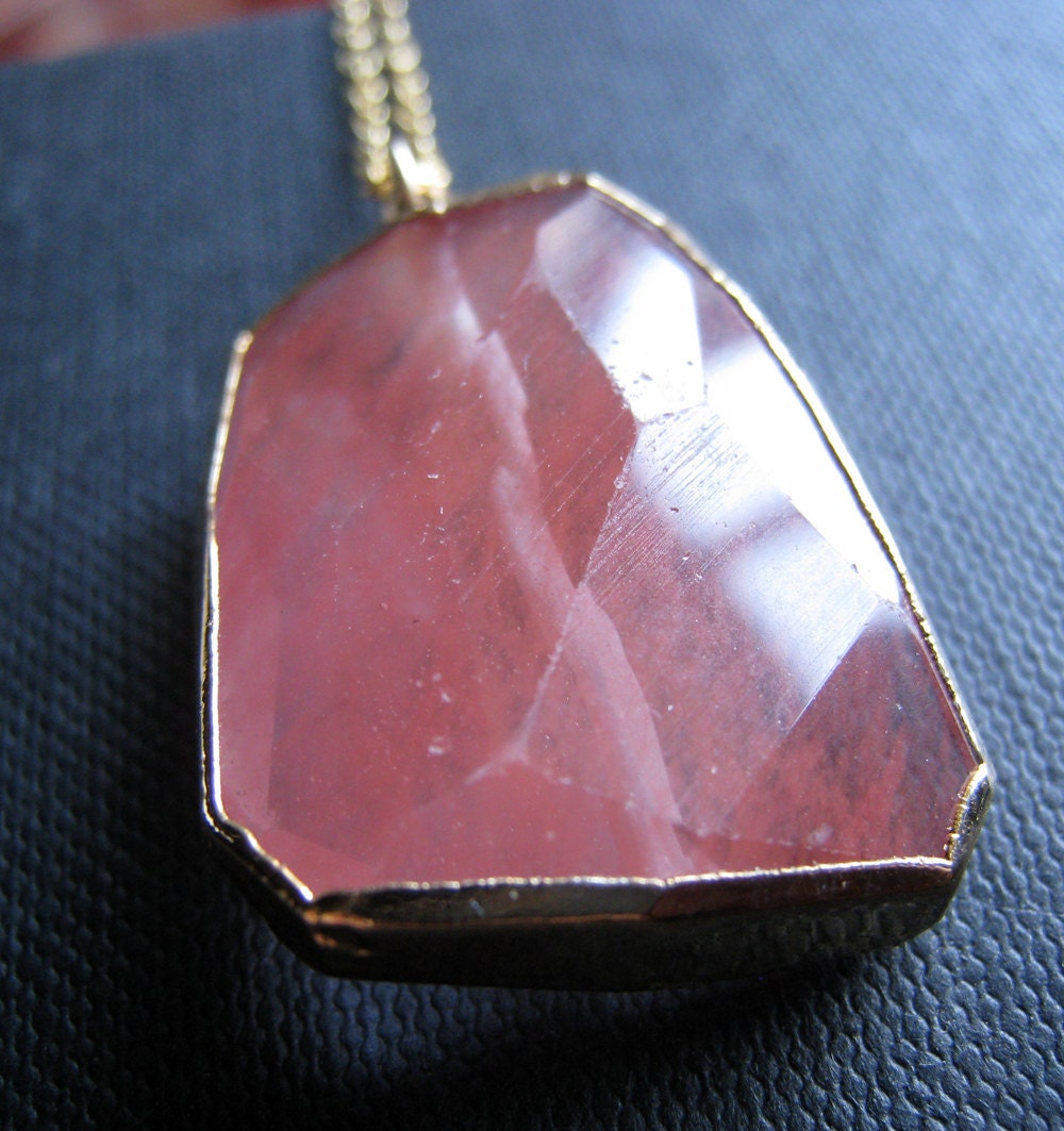 Cherry Quartz Bezel pendant necklace, gold dipped gemstone, 14k gold filled chain, long necklace