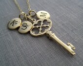 Personalized necklace, Key necklace, initial charms, antique key pendant, family necklace, friendship necklace