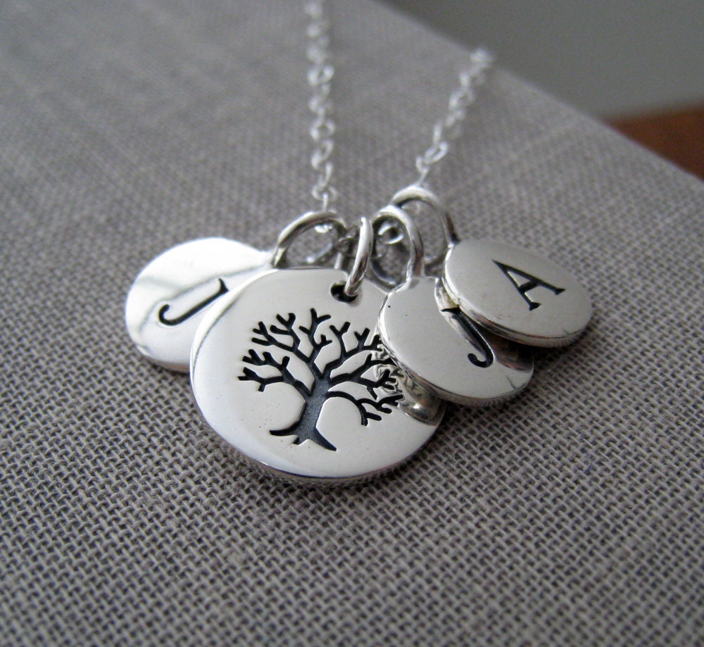 family tree initial necklace, personalized jewelry, sterling silver tree charm, family necklace gifts, grandmother, mothers gift