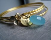 personalized bridesmaid gifts, set of 3 gold bangles and orchid charm, custom initial bangles, birthstone, bridesmaid jewelry