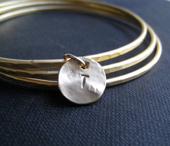 custom initial gold bangles, set of 3 personalized bridal jewelry, letter disc charm, bridesmaid gifts