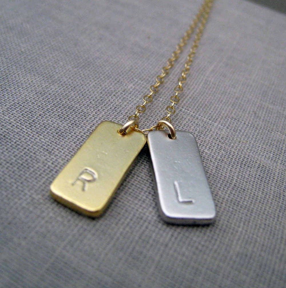 Personalized necklace, mixed metal initial rectangle tag necklace, two letter charms, lovers necklace, friends necklace