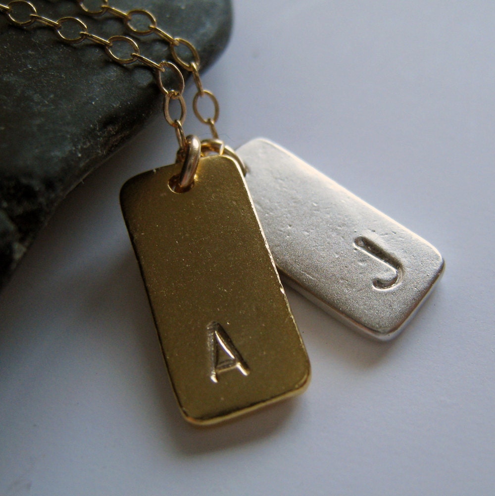 Personalized necklace, mixed metal initial rectangle tag necklace, two letter charms, lovers necklace, friends necklace