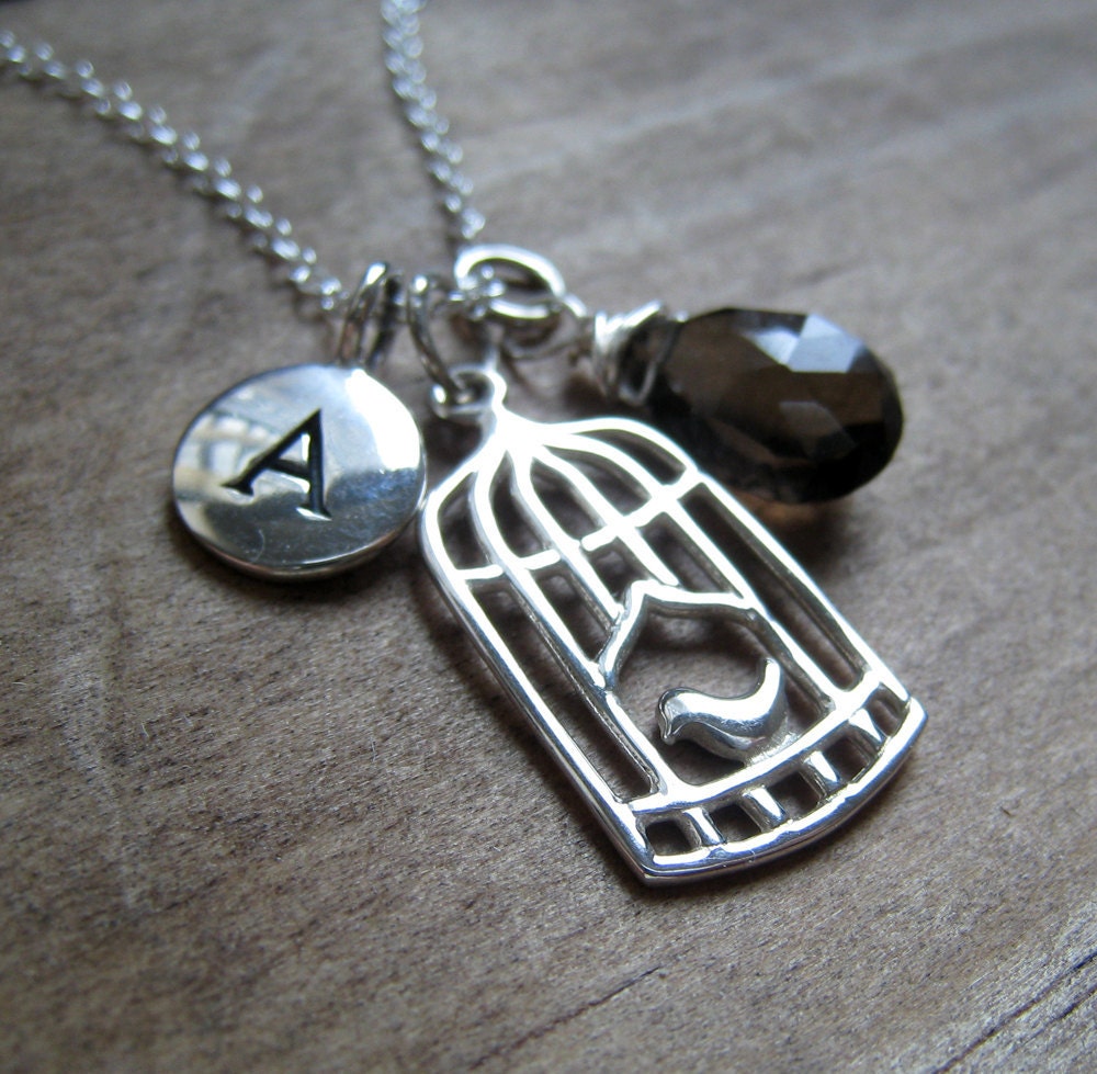 personalized sterling silver necklace, dainty birdcage, one initial disc, custom stone, birthstone, bridesmaid gifts, bridal jewelry