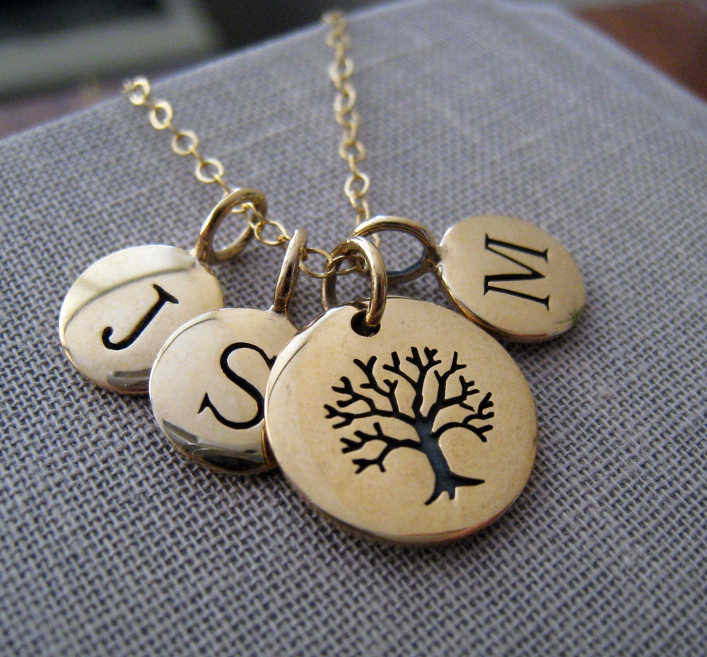 Personalized Family necklace, family tree necklace, custom initial and antique gold tree of life charm, mommy necklace