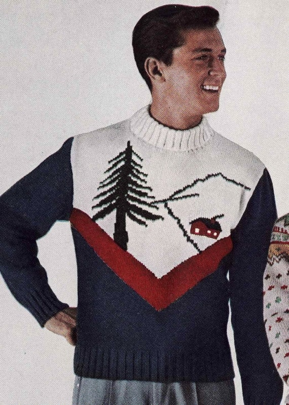 Vintage Ski Lodge Mens Pullover Sweater to Knit PDF Pattern