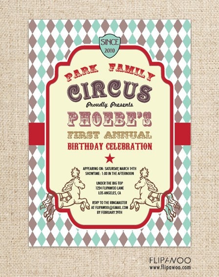 Vintage Circus or Carnival Invitation for a Birthday Party (Diamond Pattern) by FLIPAWOO - Customized Printable File