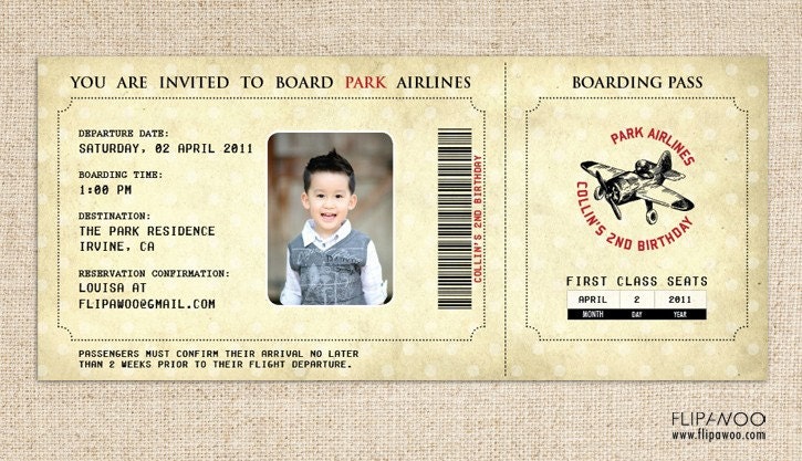 Vintage Airplane Invitation (Boarding Pass Style) for a Birthday Party or Shower by FLIPAWOO - Customized Printable File