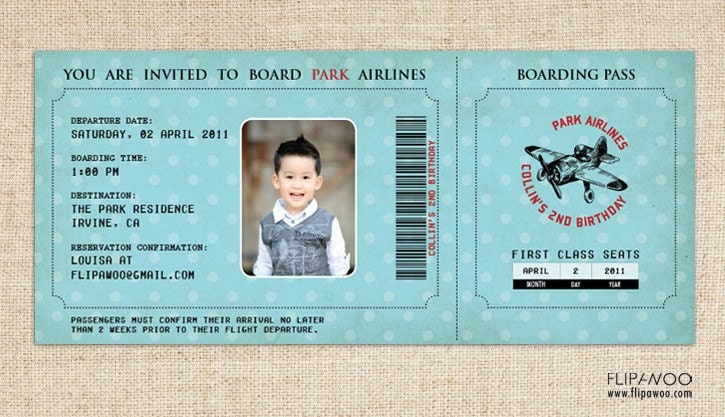 Vintage Airplane Invitation (Boarding Pass Style) for a Birthday Party or Shower by FLIPAWOO - Customized Printable File