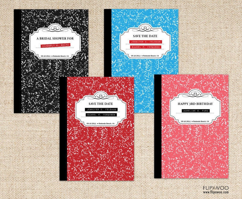 Composition School Notebook Invitation Design by FLIPAWOO  - Customized Printable File with Backside Design