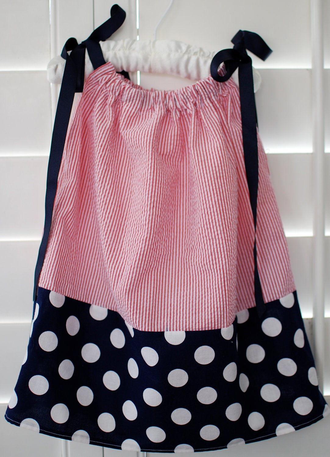 SALE...Red & White Seersucker with Navy Polka Dot Trim Pillowcase Dress...Size 12-18 Months ONLY