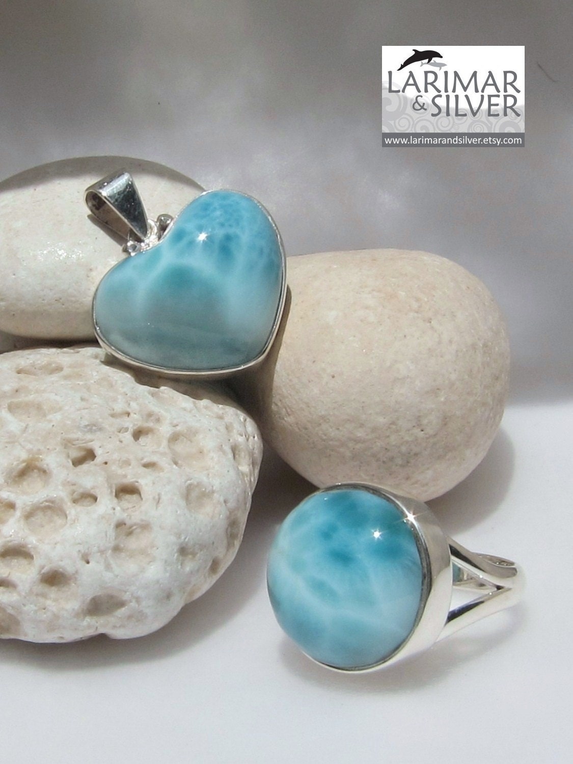 Larimar AAA set, Caribbean Love - glamorous aquamarine Larimar matched pendant, ring and earrings